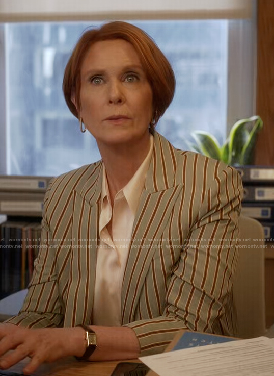 Miranda’s striped double breasted blazer on And Just Like That