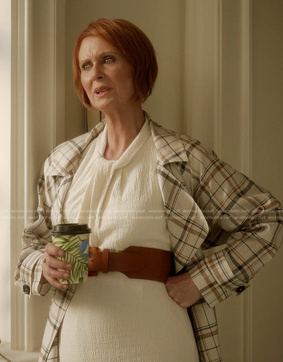 Miranda’s white plaid trench coat on And Just Like That