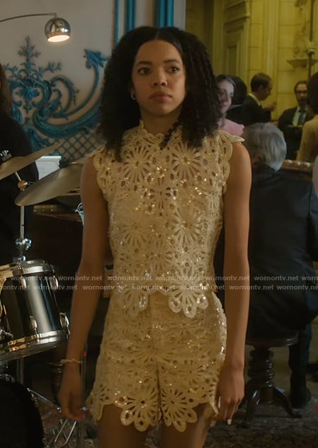 Mishi’s white metallic lace top and shorts on Etoile