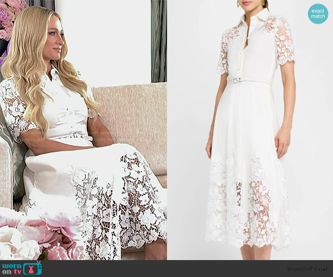 Monique Lhuillier Lace-Inset Short-Sleeve Cotton Midi Shirtdress worn by Paris Hilton on E! News