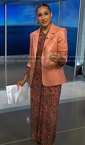 Morgan’s pink print top and leather blazer on NBC News Daily