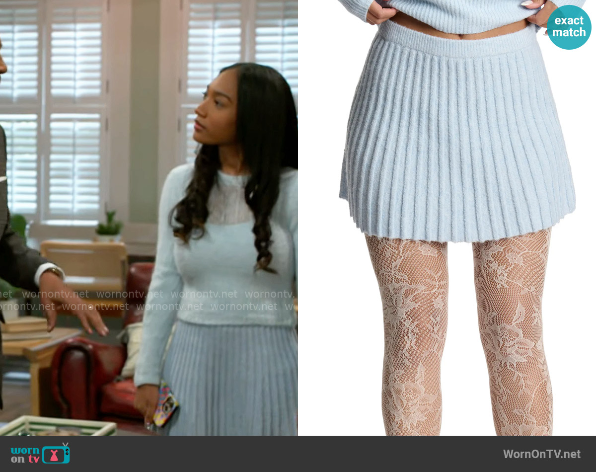 Naked Wardrobe Rib Sweater Flare Miniskirt in Chambray worn by Samantha Richardson (Najah Jackson) on Beyond the Gates