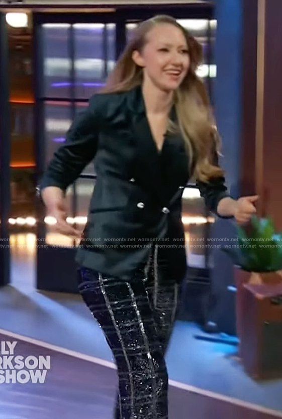 Natasha Hodgson’s satin blazer and pants on The Kelly Clarkson Show