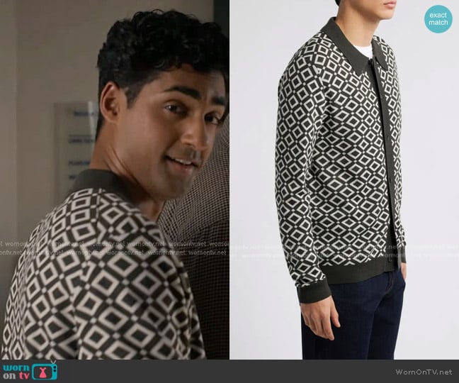 NN07 Thor 6584 Wool Blend Polo Cardigan in Dark Army worn by Ravi Panikkar (Anirudh Pisharody) on 9-1-1