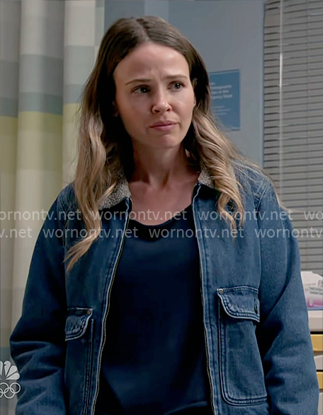 Novak’s denim jacket with sherpa collar on Chicago Fire