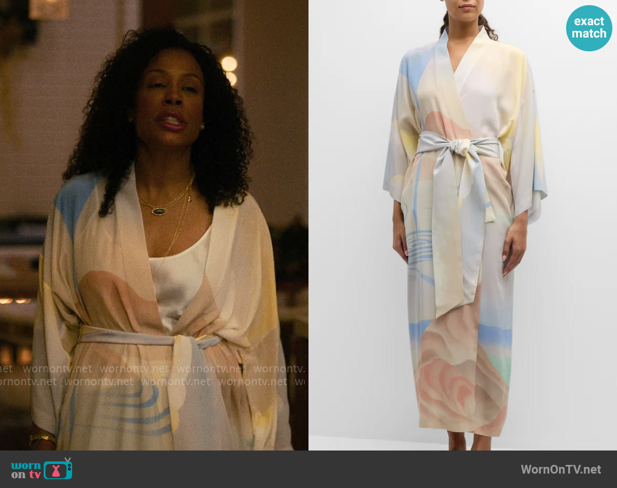 Olivia von Halle Queenie Landscape-Print Silk Kimono Robe worn by Dawn Edwards (Karen Pittman) on Forever
