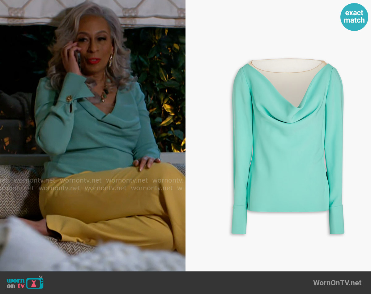 Oscar de la Renta Tulle-paneled draped silk-blend crepe blouse worn by Anita Dupree (Tamara Tunie) on Beyond the Gates