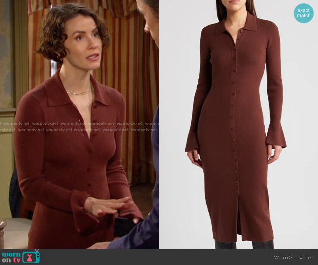 Paige Tascha Long Sleeve Rib Cardigan Sweater Dress in Burnt Umber worn by Sarah Horton (Linsey Godfrey) on Days of our Lives