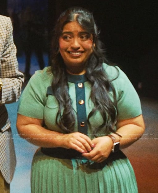 Petra’s sage dress with front pockets on The Studio