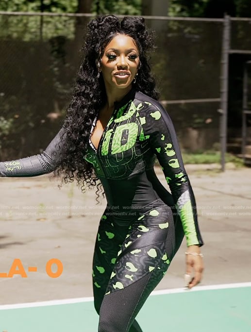Porsha’s black and green printed jumpsuit on The Real Housewives of Atlanta