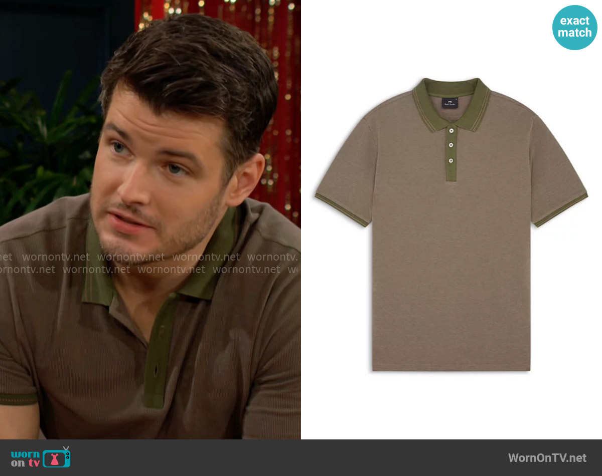 PS Paul Smith Khaki Micro Jacquard Organic Cotton Polo Shirt worn by Kyle Abbott (Michael Mealor) on The Young and the Restless