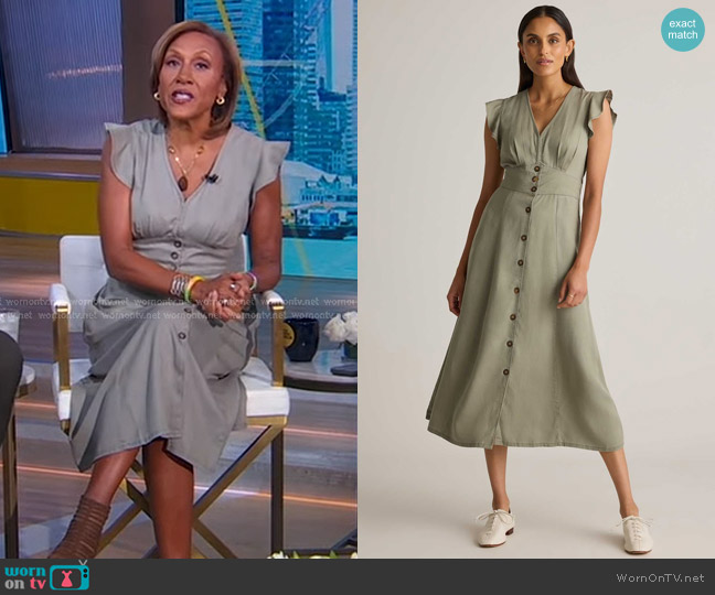 Quince Vintage Wash Tencel Button Front Midi Dress in Olive worn by Robin Roberts on Good Morning America