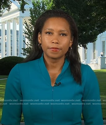 Rachel’s teal stand collar dress on Good Morning America