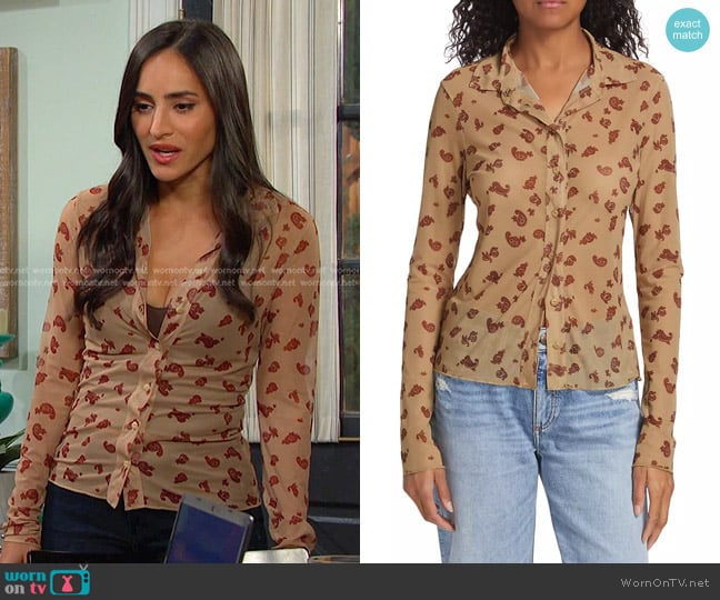 Rag & Bone Paisley Mesh Shirt in Tan worn by Gabi Hernandez (Cherie Jimenez) on Days of our Lives