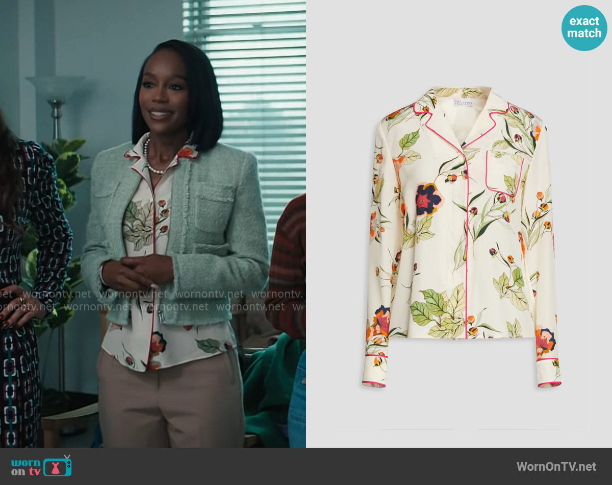 RED Valentino Floral-print silk-crepe shirt worn by Catherine (Aja Naomi King) on Grosse Pointe Garden Society