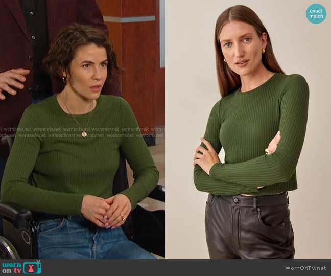 Reformation Jackie Top in fern worn by Sarah Horton (Linsey Godfrey) on Days of our Lives