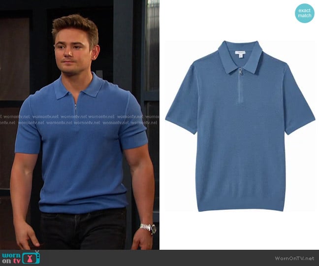Reiss Ivor Textured Half Zip Polo Sweaterb in Blue worn by Johnny DiMera (Carson Boatman) on Days of our Lives