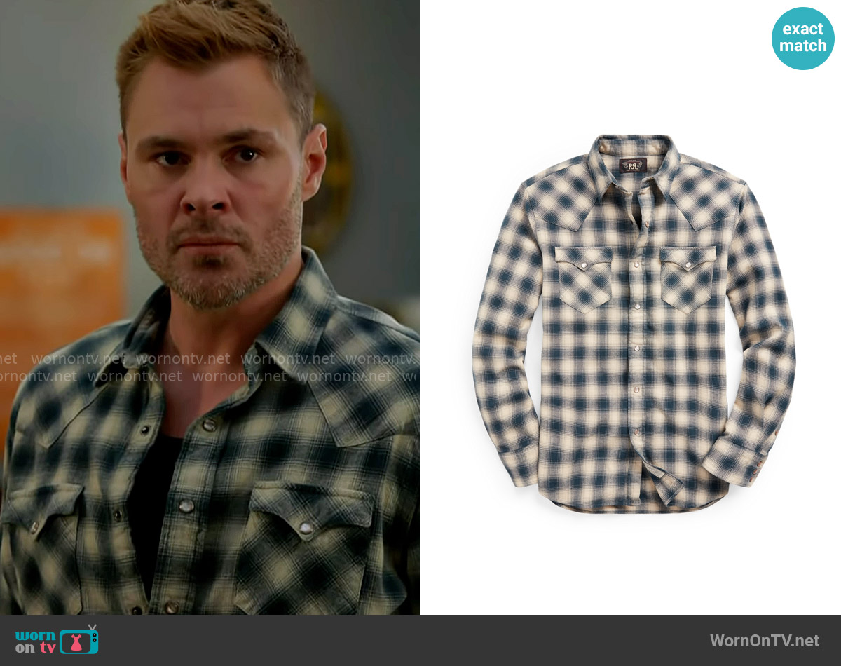 RRL Slim Fit Plaid Brushed Western Shirt in Cream/Grey worn by Adam Ruzek (Patrick John Flueger) on Chicago PD