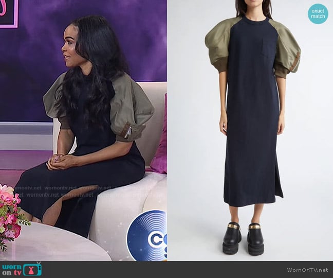 Sacai Puff Sleeve Cotton Jersey & Nylon Twill Dress in Navy x Taupe worn by Michelle Williams on Today