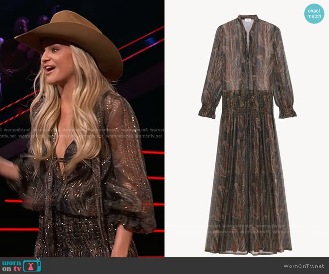 Saint Laurent Lavallière Dress in lurex paisley silk crepon worn by Kelsea Ballerini on The Voice
