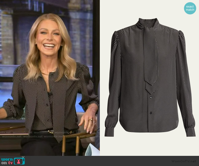 Saint Laurent Polka Dot Tie-Neck Button Down Silk Blouse worn by Kelly Ripa on Live with Kelly and Mark