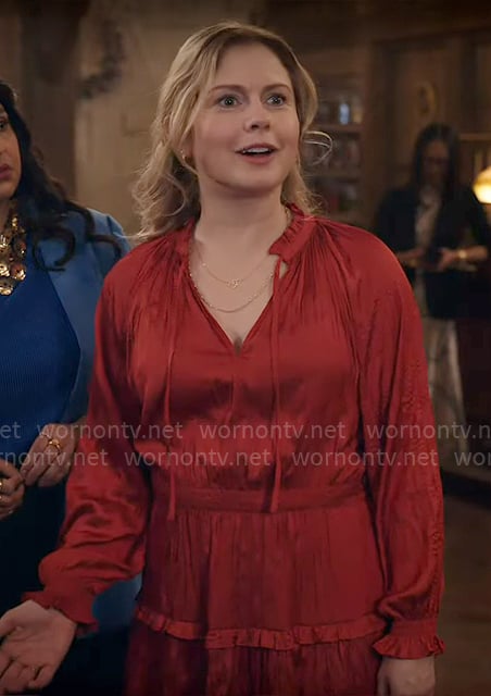 Sam’s red satin book party dress on Ghosts