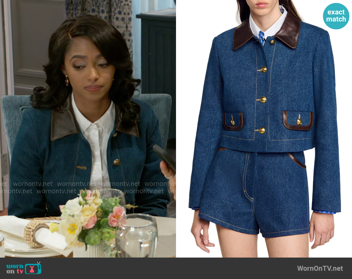 Sandro Denim jacket with leather collar worn by Kat Richardson (Colby Muhammad) on Beyond the Gates