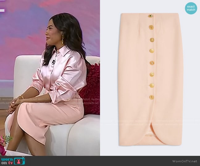 Schiaparelli Bijoux Buttons Pencil Skirt in pale pink worn by Emma Grede on Today