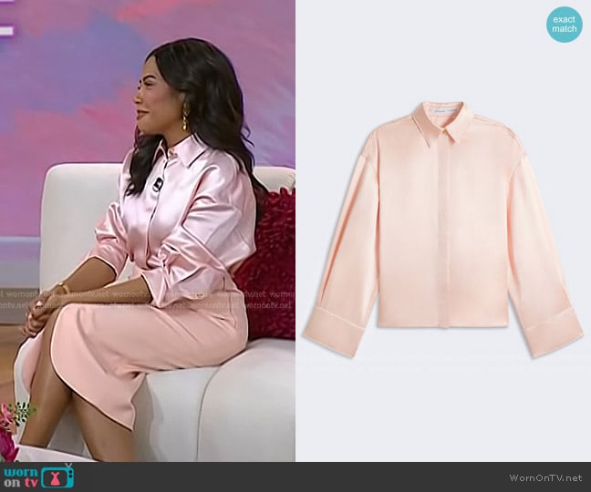 Schiaparelli Keyhole Satin Shirt in pale pink worn by Emma Grede on Today