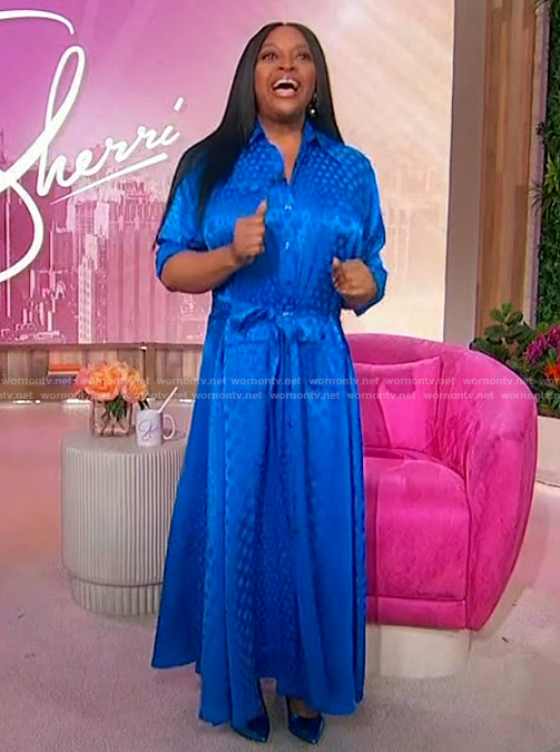 Sherri’s blue satin polka dot shirtdress on Sherri