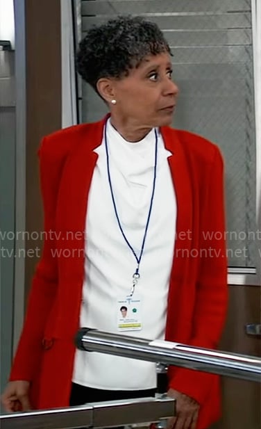 Stella’s white cowl-neck top and red jacket on General Hospital