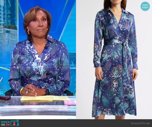 Tahari Hammered Satin Wrap Front Shirtdress in Indigo Snake worn by Robin Roberts on Good Morning America