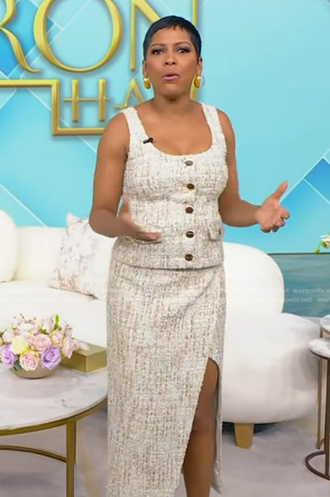 Tamron’s tweed button vest and skirt on Tamron Hall Show