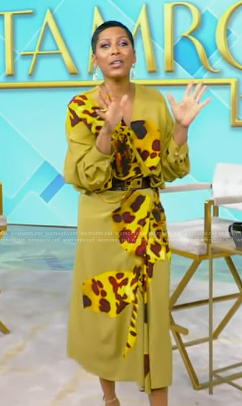 Tamron’s yellow floral print drape wrap top and skirt on Tamron Hall Show