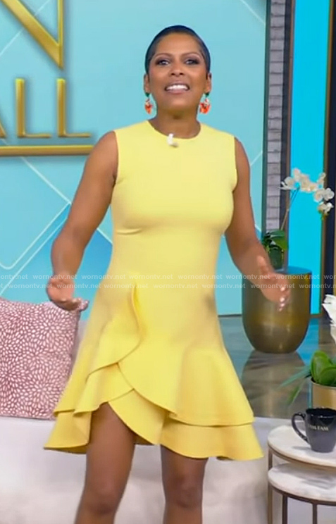 Tamron’s yellow ruffle mini dress on Tamron Hall Show