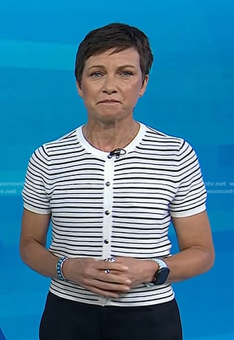 Stephanie’s white striped short sleeve cardigan on Today