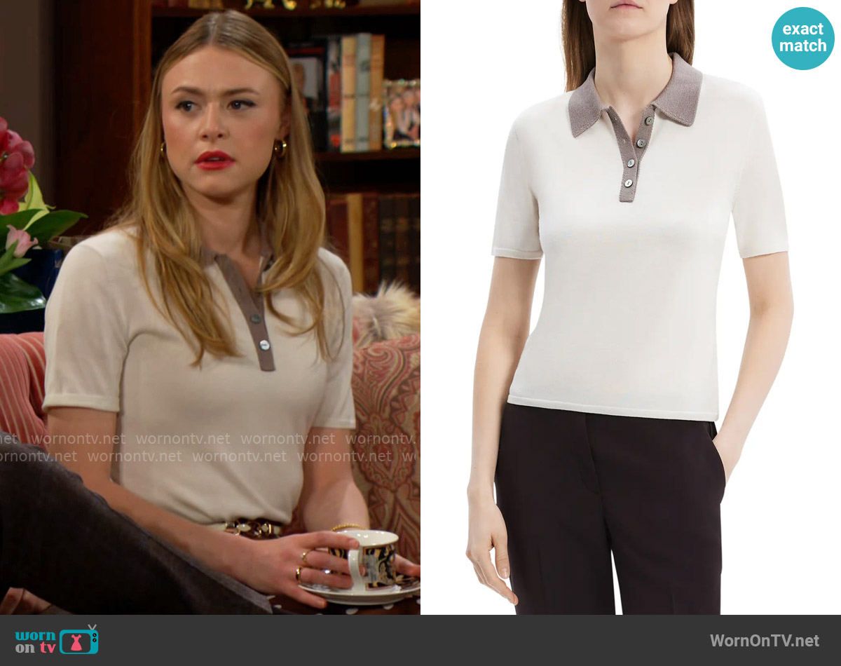 Theory Contrast Wool Blend Polo Sweater worn by Claire Grace (Hayley Erin) on The Young and the Restless