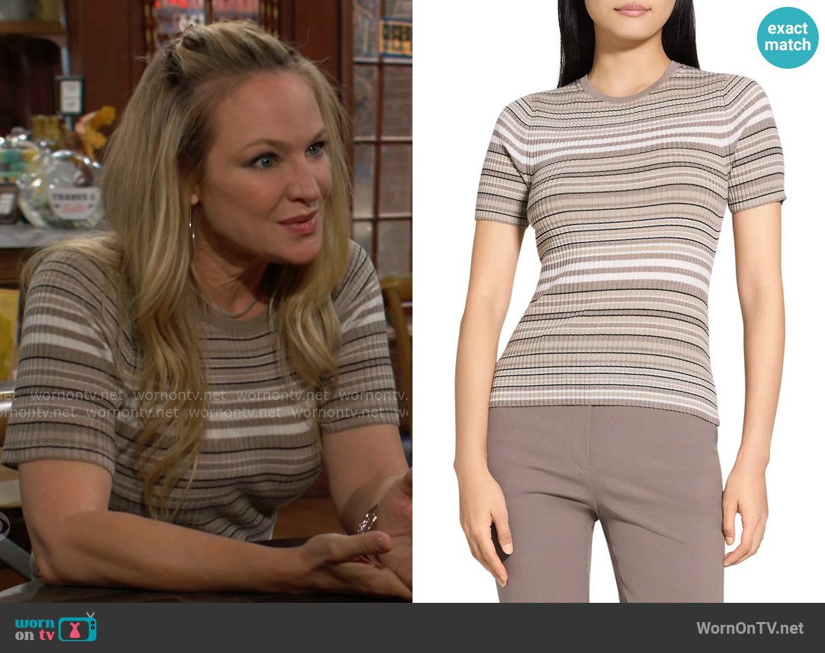 Theory Stripe Merino Wool Rib T-Shirt worn by Sharon Newman (Sharon Case) on The Young and the Restless