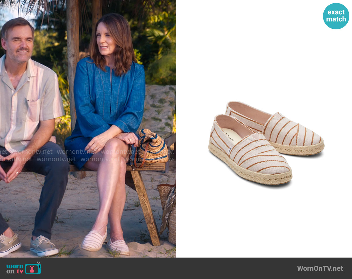 Toms Alpargata Rope 2.0 Espadrille in Stripes Ballet Pink worn by Kate (Tina Fey) on The Four Seasons