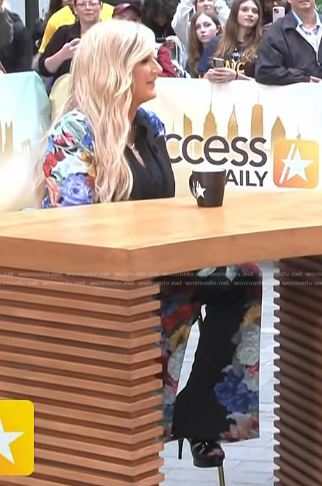 Trisha Yearwoods’ black floral print blazer and pants on Access Hollywood