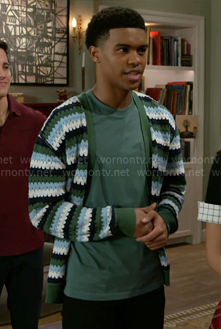 Tyrell’s green striped cardigan on Beyond the Gates
