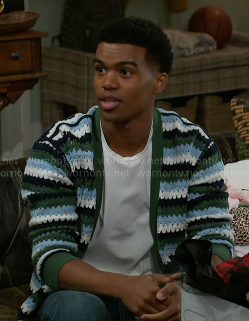 Tyrell’s green striped cardigan on Beyond the Gates