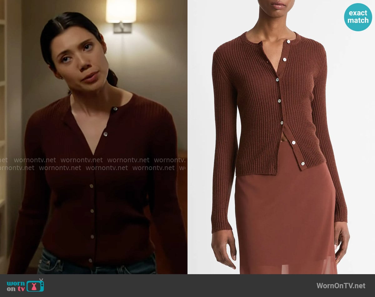 Vince Cashmere & Silk Rib Cardigan in Deep Rosewood worn by Violet Mikami (Hanako Greensmith) on Chicago Fire