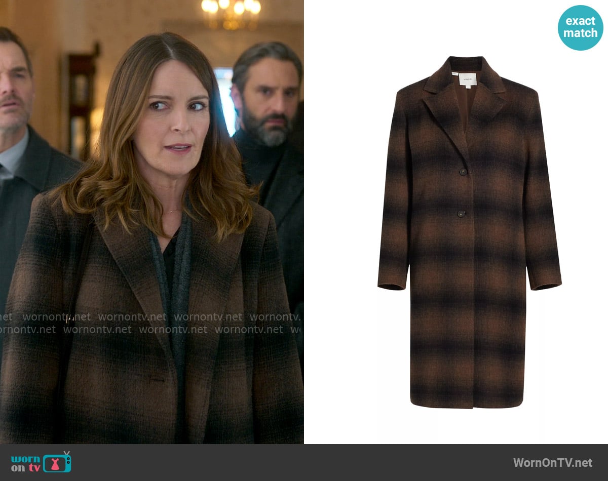 Vince Shadow Plaid Wool-Blend Car Coat in Deep Walnut worn by Kate (Tina Fey) on The Four Seasons
