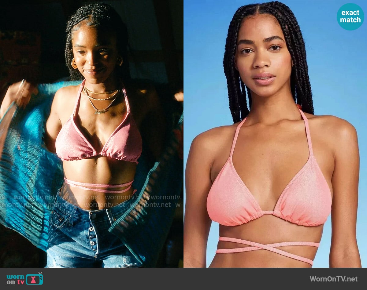 Wild Fable Triangle Wrap Bikini Top in Pink Lurex worn by Keisha Clark (Lovie Simone) on Forever