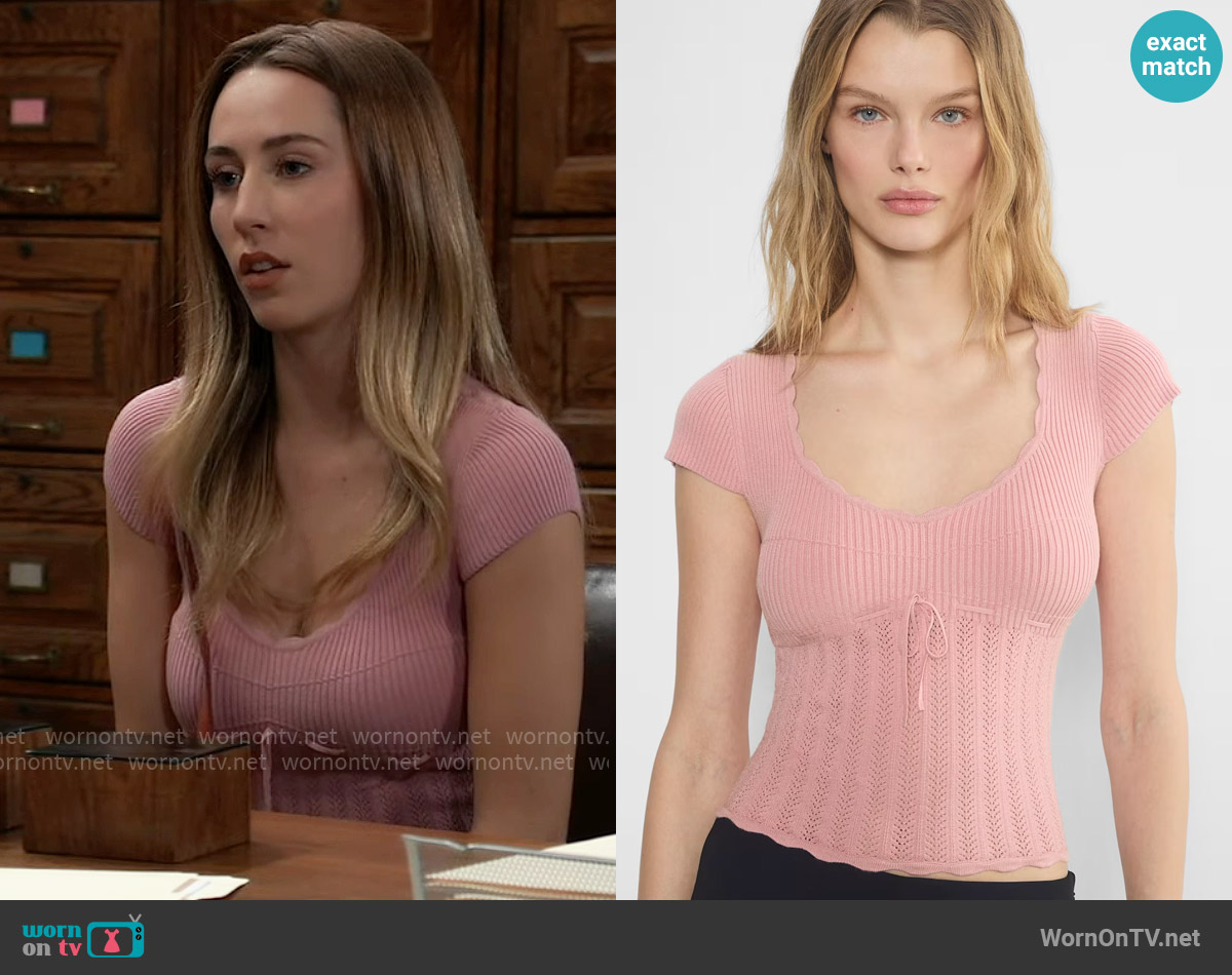 Wilfred Soloist Shortsleeve Sweater in Tart Pink worn by Josslyn Jacks (Eden McCoy) on General Hospital
