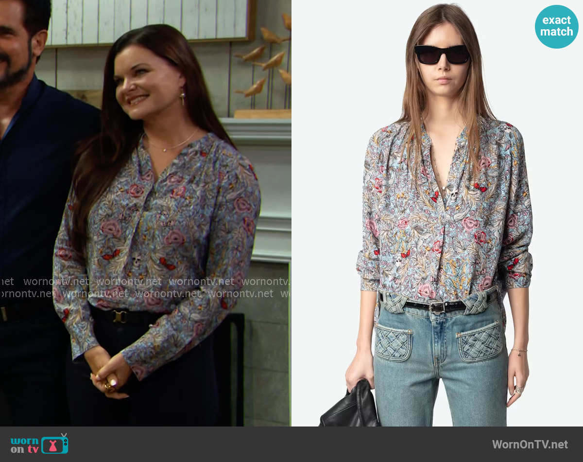 Zadig & Voltaire Tink Floral Top in Mist worn by Katie Logan (Heather Tom) on The Bold and the Beautiful