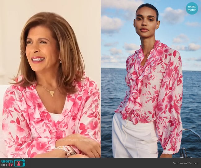 Zara Ruffle Print Blouse in Pink White worn by Hoda Kotb on Today