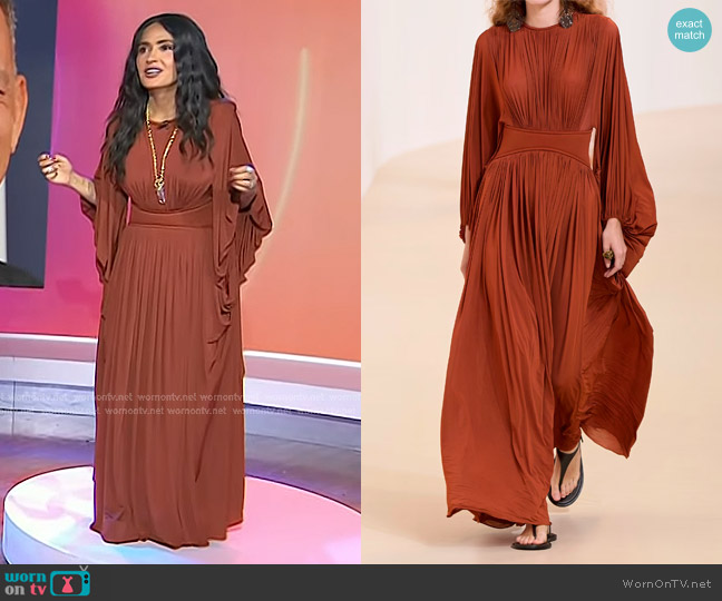 WornOnTV: Salma Hayek's brown draped maxi dress on Today Clothes