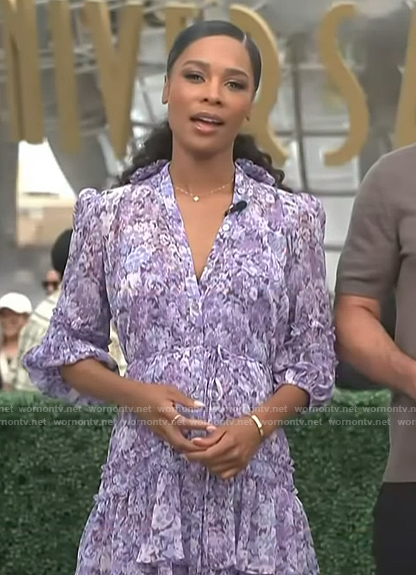 Zuri’s purple floral print mini dress on Access Hollywood